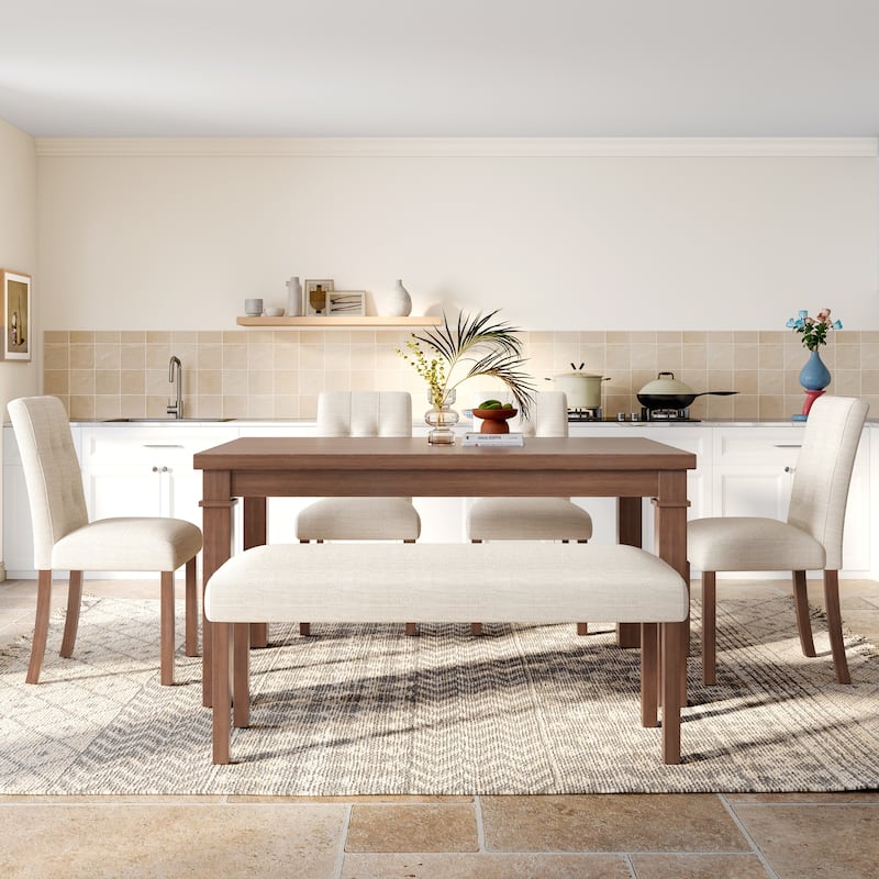 6 Piece Solid Wood Dining Table Set with Rectangle Dining Table, 4 Upholstered Chairs and 1 Bench for Dining Room - Walnut