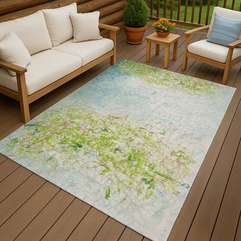 Machine Washable Indoor/ Outdoor Abstract Scribble Chantille Rug - Lime - 5' x 7'6"