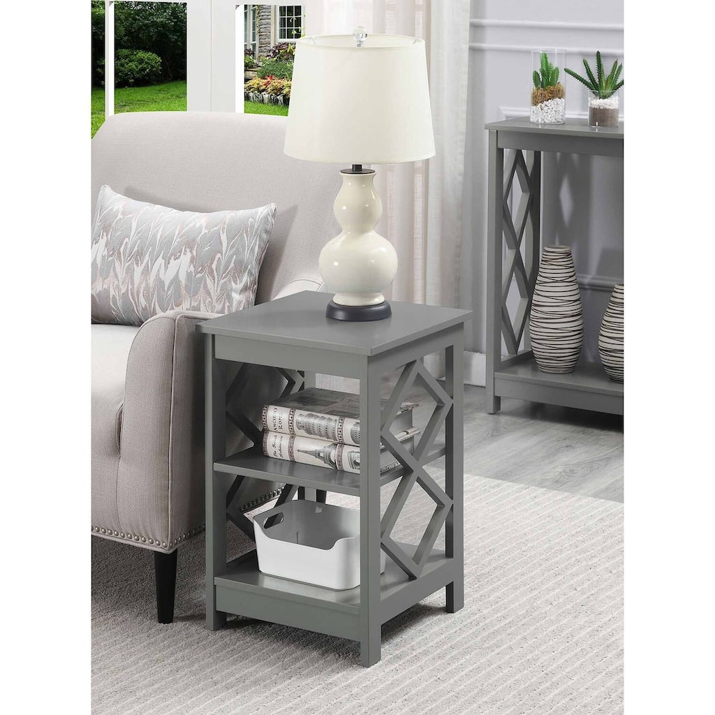 Diamond End Table with Three Tier Shelves and Decorative Side Cut Outs, Contemporary Accent Storage Table for Living Room