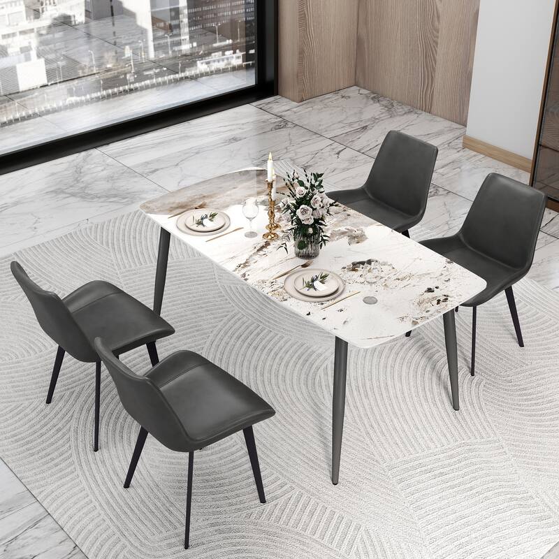 63" Rectangle Modern Sintered Stone Dining Table, Industrial Kitchen Table with Metal Legs for 6 People - Pandora