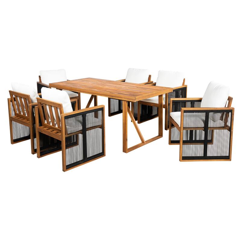 Christopher Knight Home - Modern Outdoor Acacia Wood Dining Set with Cushions and Handwoven Rope Chairs