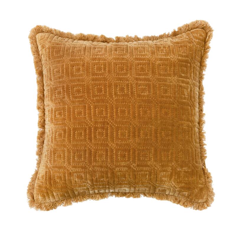 Cotton Velvet Throw Pillow with Geometric Quilting and Fringe - Polyester