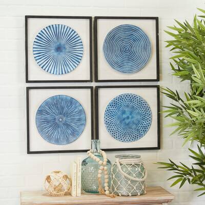 Blue Wood Radial Plates Starburst Framed Wall Art with Black Frame (Set of 4)