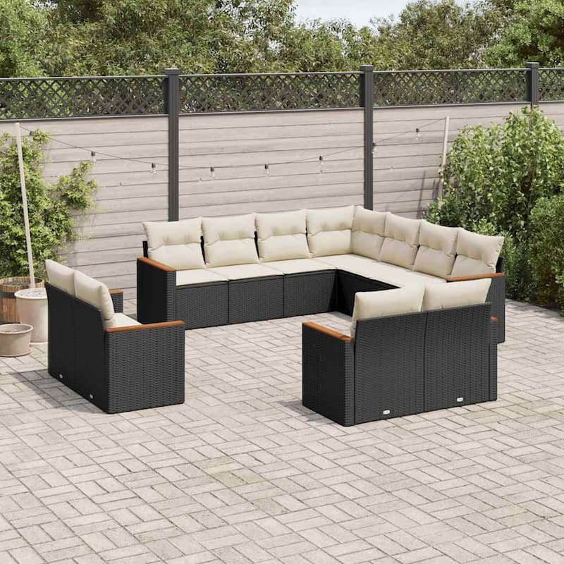 vidaXL Patio Sofa Set with Cushions Outdoor Conversation Furniture Poly Rattan - Black and cream without table - 24.4 x 24.4 x 27.2 in