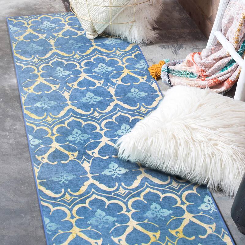 My Magic Carpet Machine Washable Area Rug Leilani Damask Blue - 2.5' X 7'