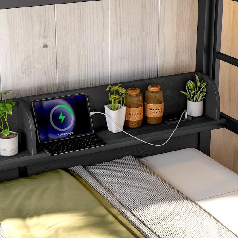 Twin over Twin Bunk Bed with Storage Shelves and Drawers, Multifunctional Metal Bunk Beds with USB Ports and LED Lights