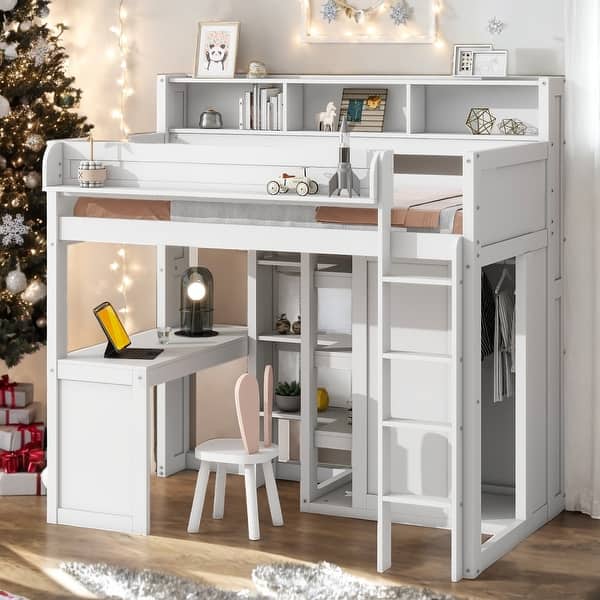 slide 2 of 9, Twin Size Loft bed with Multiple Storage Shelves and Wardrobe for Home White