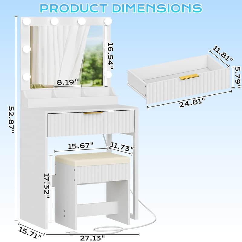 Particle Board Veneered with Textured Melamine, 1-drawer 3-compartment Dressing Table Set with 8 Three-color Dimmable Bulbs
