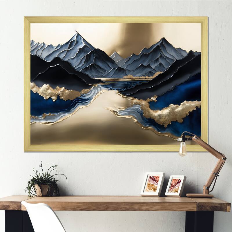 Designart "Golden Mountains And River" Landscape Mountains River Framed Wall Art Prints