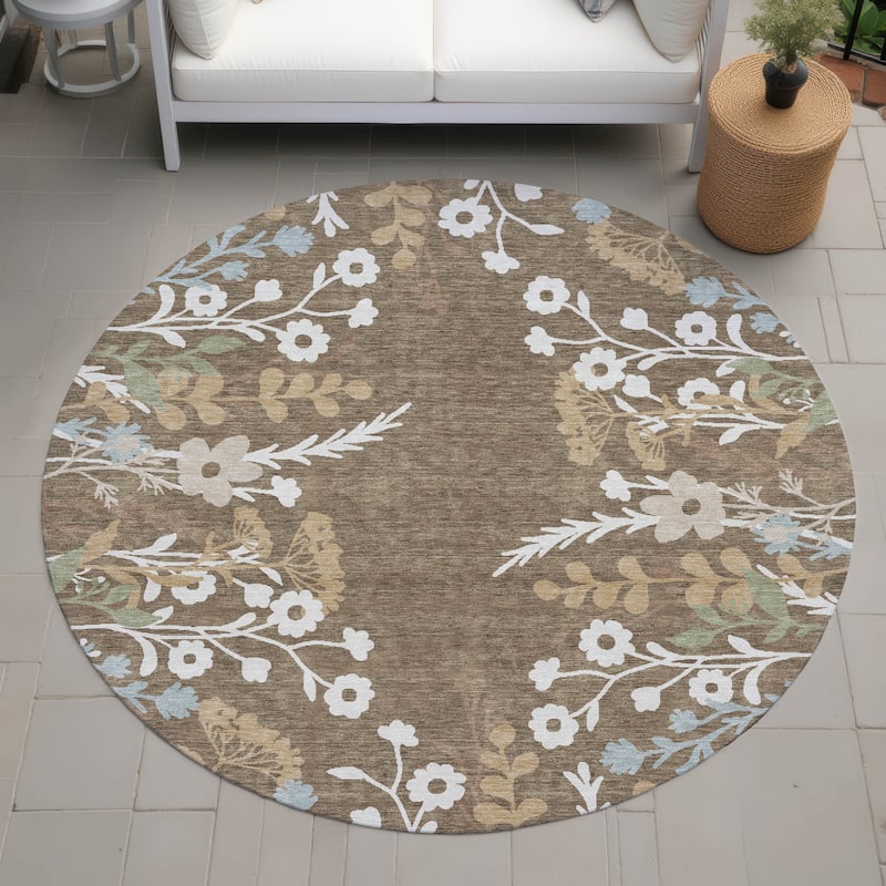 Machine Washable Indoor/ Outdoor Floral Border Chantille Rug - Chocolate - 8' x 8'