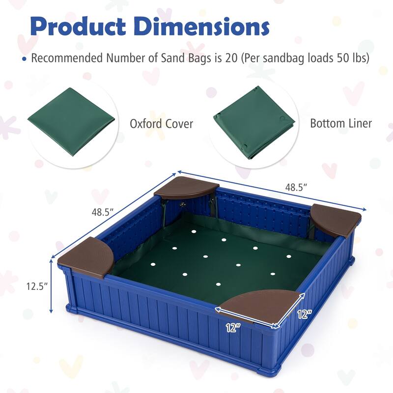 Gymax Kids Outdoor Sandbox 48.5'' x 48.5'' x 12.5'' Large HDPE Sandpit