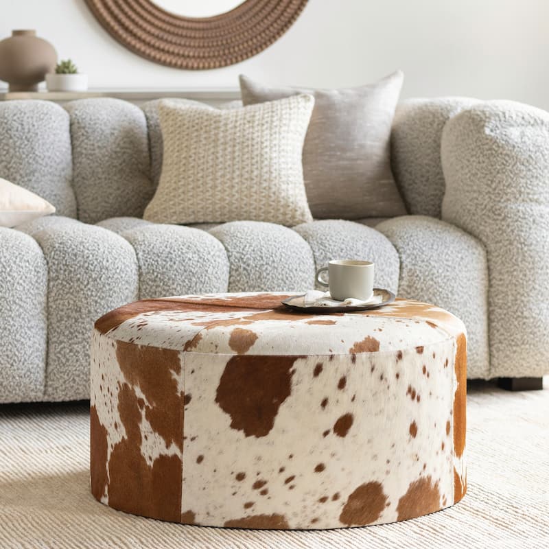 Ebony Hair on Hide Large Round Leather Ottoman - 14"H x 30"W x 30"D - Brown