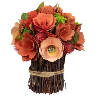 Artificial Mixed Floral Wooden Spring Bouquet - 9" - Red and Pink