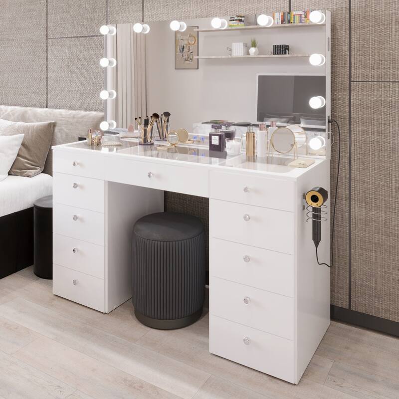 Boahaus Elle Makeup Vanity with Bluetooth Speaker, 12 Lights, and 11 Drawers