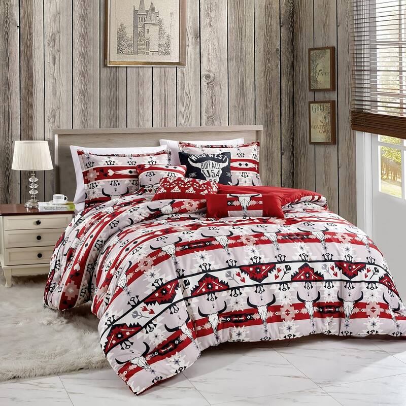 7 Piece Comforter Set Ted Western Style Soft Bedding - Red - Queen