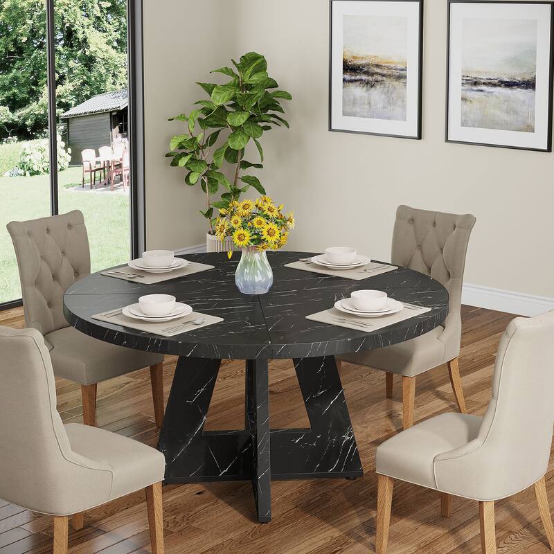 47" Round Dining Table for 4-6 People Rustic Wood Table with Pedestal Base for Kitchen Dining Room Living Room