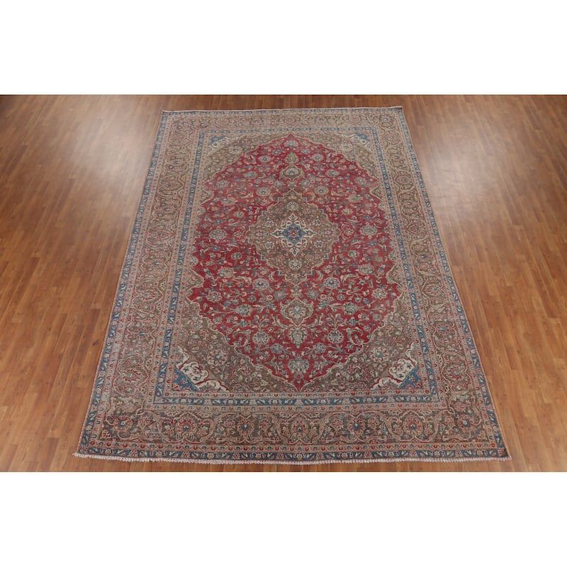 Traditional Floral Mashad Persian Vintage Rug Handmade Wool Carpet - 9'0"x 12'8"