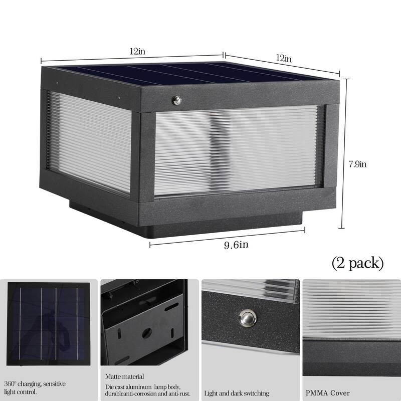 12" Black Solar Powered LED Post Cap Light, Modern Outdoor LED Fence Light for Pathways, Decks, and Patios (2-Pack)
