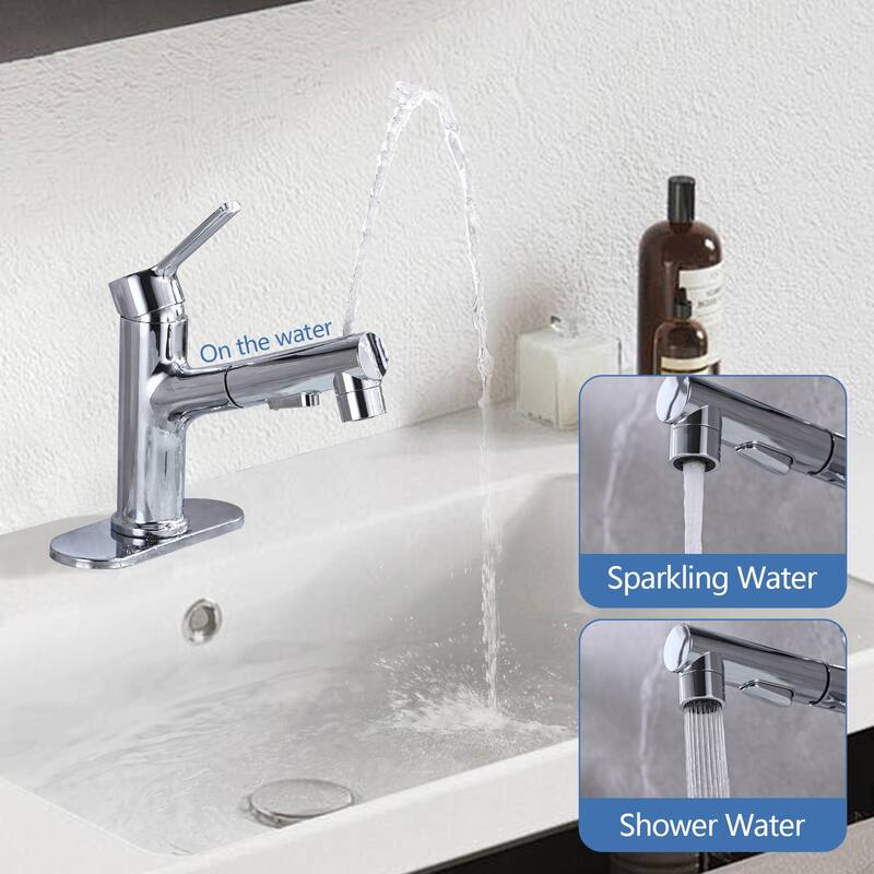Modern Single Handle Bathroom Sink Faucet with Pop Up Drain and Pull Out Sprayer, 3 Function Spray, Fingerprint Resistant