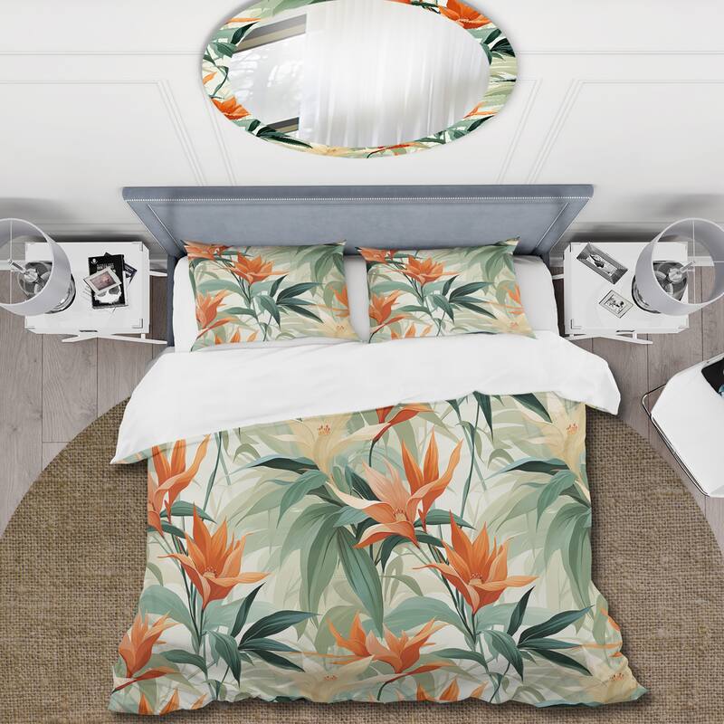 Designart "Green And Orange Bamboo Mirage Tropical Pattern" Green Tropical - Bedding Set With Shams