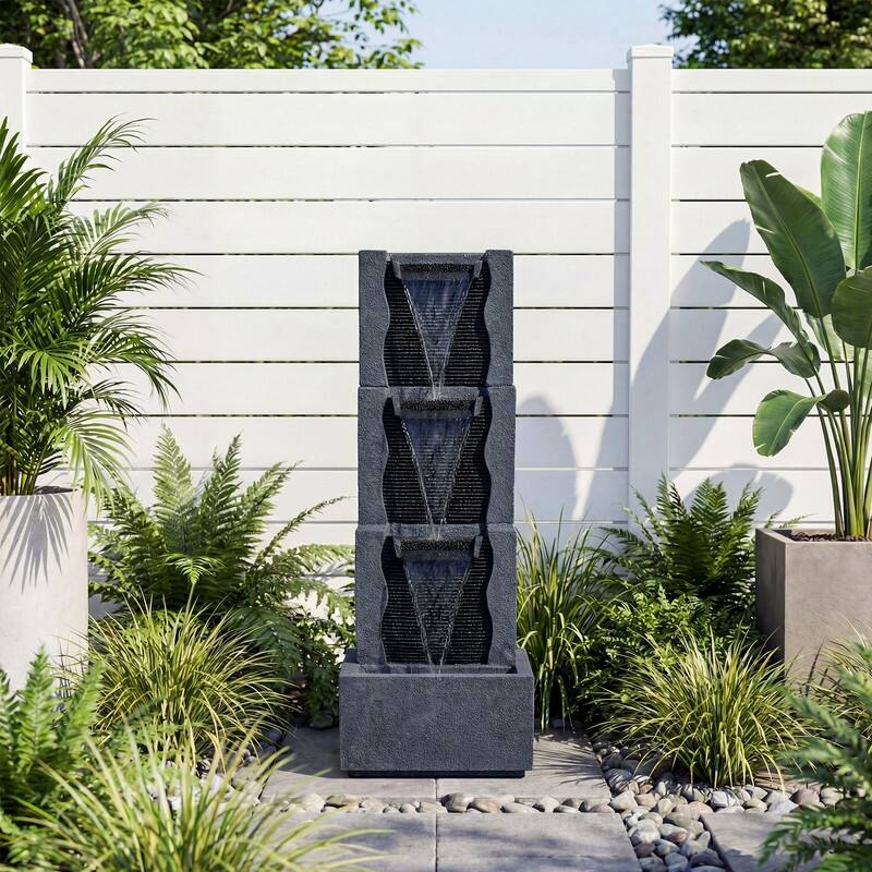 Vbal 3 Tier Stone Look Lighted Water Fountain Modern Stacked Patio Decor