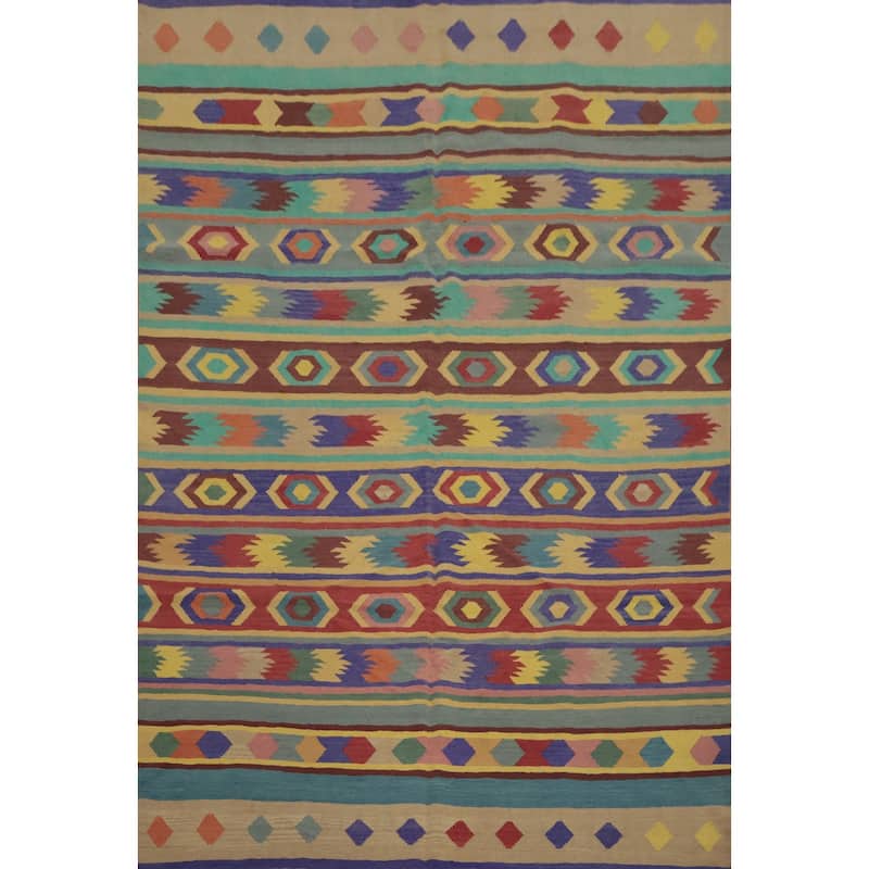 Hand Woven Oriental 100% Wool Carpet Southwestern Tribal Multi-Colored Kilim Area Rug - 9' 8'' X 7' 10''