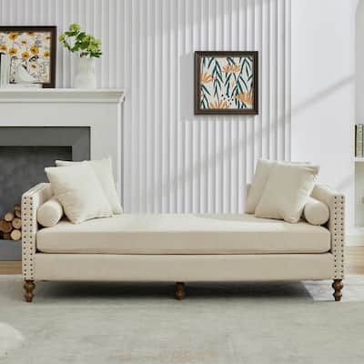 75.2"Wide Upholstered Chaise Lounge with Nailheads,Sleeper Sofa Couch With 4 Throw Pillows&2 Bolsters, Rubberwood Legs