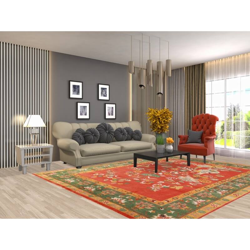 Floral Orange Art Deco Oriental Area Rug Handmade Wool Carpet - 7'10" x 10'0"