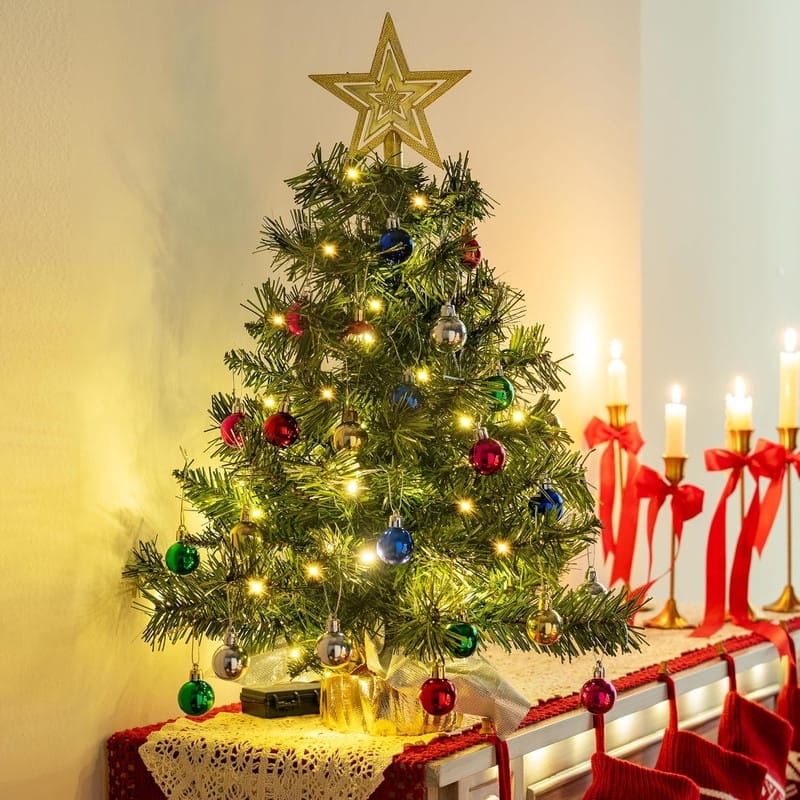 24"/2FT Small Christmas Tree with Lights, Pre-lit Artificial Xmas Tree Green LED Mini Tree for Christmas Decorations