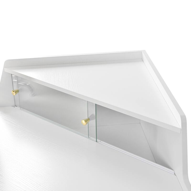 Bedroom Corner Makeup Vanity Desk with Makeup Stool & 360° Rotating LED Mirror, White