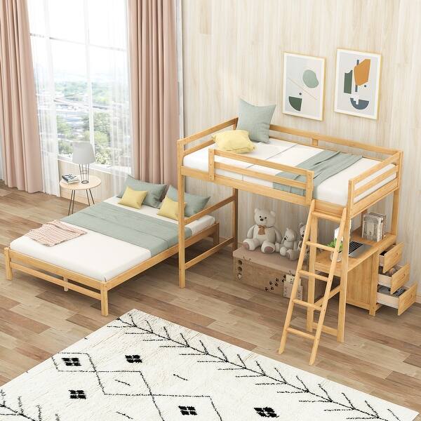 slide 2 of 42, Twin over Full Wood Bunk Bed with Built-in Desk and Storage Drawers,Modern Design Natural