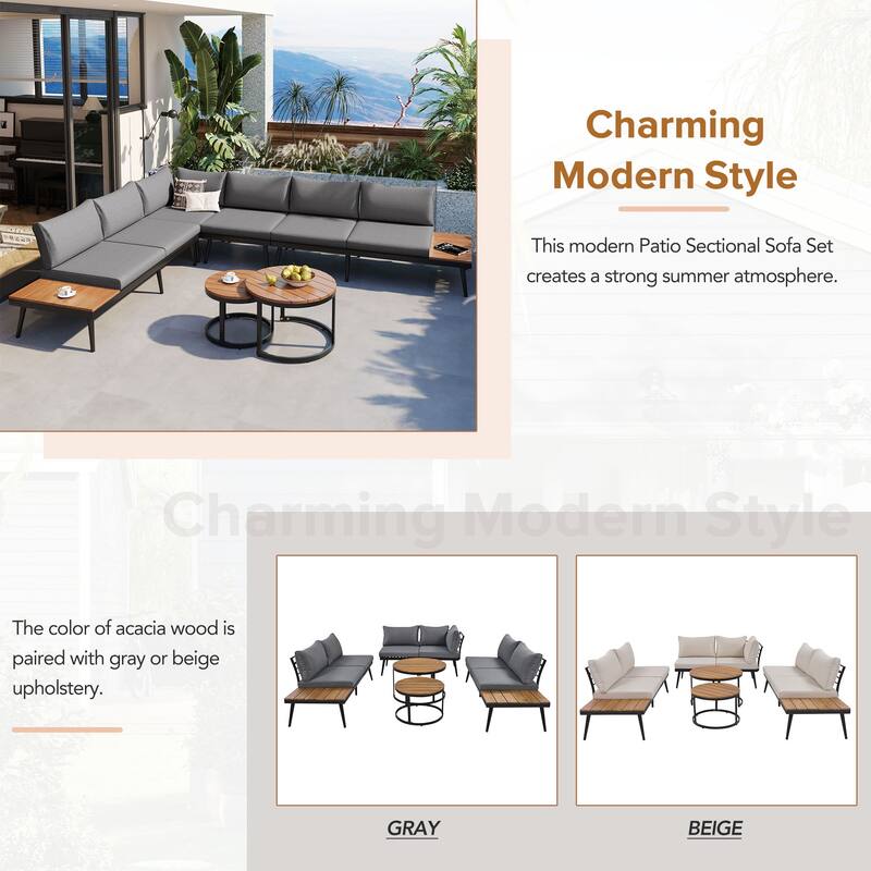 6-Piece Outdoor Patio Iron Modular Sectional Sofa Set with Nesting Coffee Tables and Side Storage Shelf