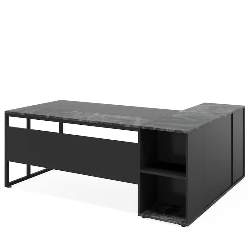 71" L-Shaped Executive Desk with Storage Cabinet & Shelves Black