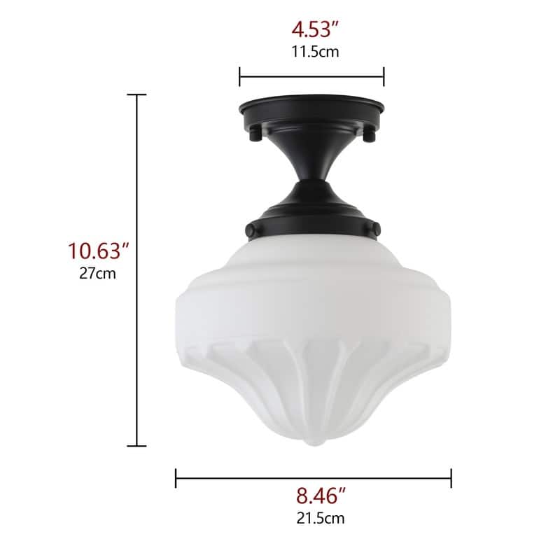 1-Light Matte Black Semi-Flush Mount Ceiling Light with Frosted White Glass Shade