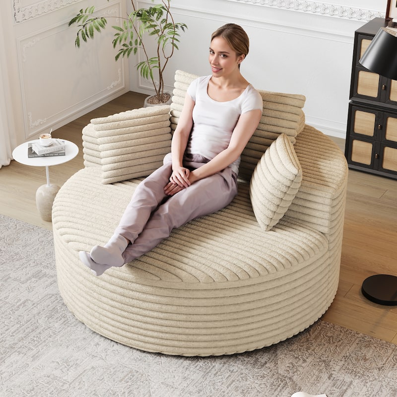 Corduroy Upholstered Single Sofa, Oversized Fluffy Sleeper Chair, Round Reading Chair with Headrest & 2 Pillow - Beige