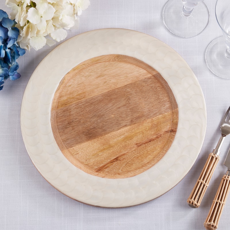 Mango Wood Decorative Charger Plates with White Rim (Set of 4) - Round Table Chargers for Dining & Entertaining, 13"