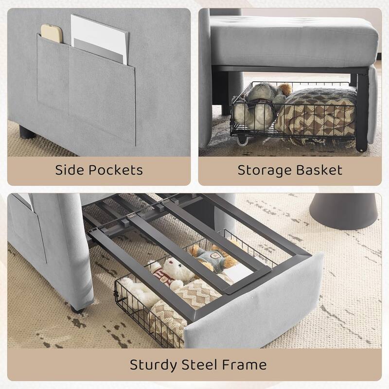 Bezseller Convertible Sofa Bed Chair, 3-in-1 Sleeper Chair with Storage Drawer, Light Gray