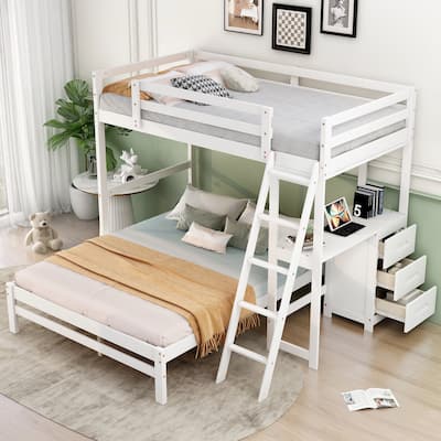 Twin Over Full Bunk Bed with Built-in Desk and Storage Drawers