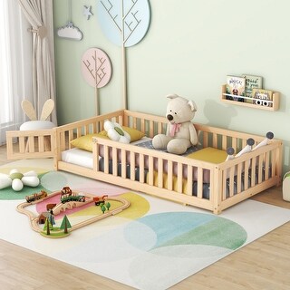 Twin Size Bed Floor Bed with Safety Guardrails and Door for Kids
