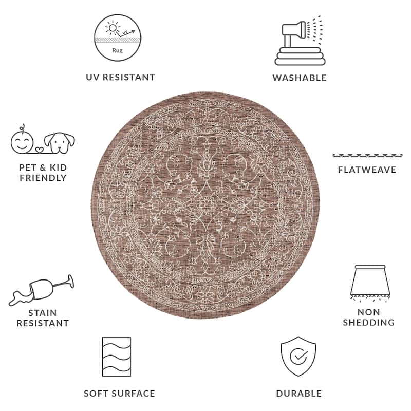 SAFAVIEH Courtyard Hasina Indoor /Outdoor Waterproof Patio Backyard Rug - 6'7" Round - Brown/Ivory