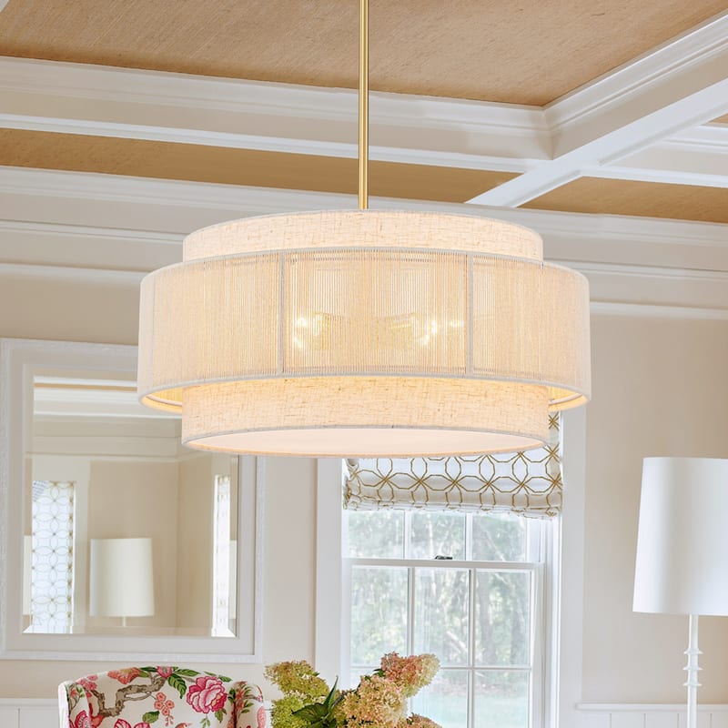 4-Light Off-white Drum Chandelier Kitchen Island Pendant Light