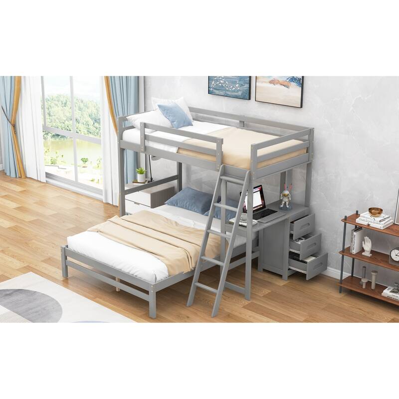 Twin over Full L-Shaped Bunk Bed Multi-Functional Pine Wood Bunk Bed Frame with All-in-One Desk and 3 Drawers
