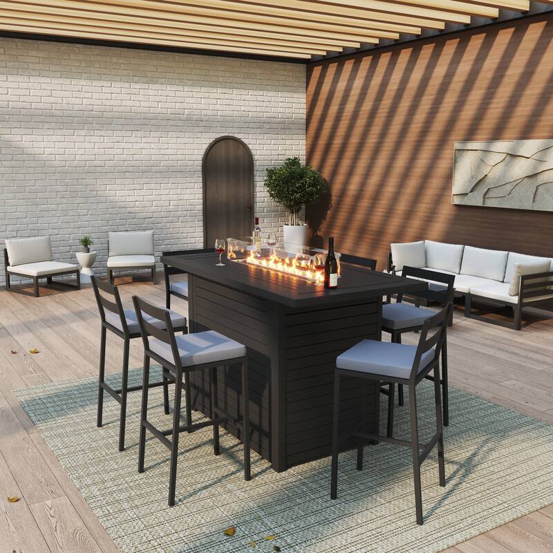 7-Piece Outdoor Patio Bar Height Dining Set in Aluminum with Rectangular Fire Pit Table and 6 Barstool
