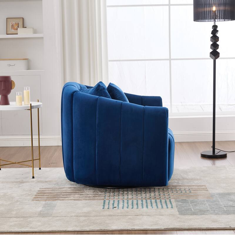 Roomfitters Oversized Swivel Barrel Chair, Velvet Channel Tufted Pumpkin-Shape Club Armchair with 3 Pillows for Living Room