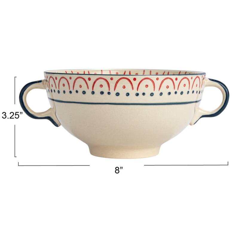 Stoneware Bowls with Handles and Pattern - 7.9"L x 6.1"W x 3.3"H