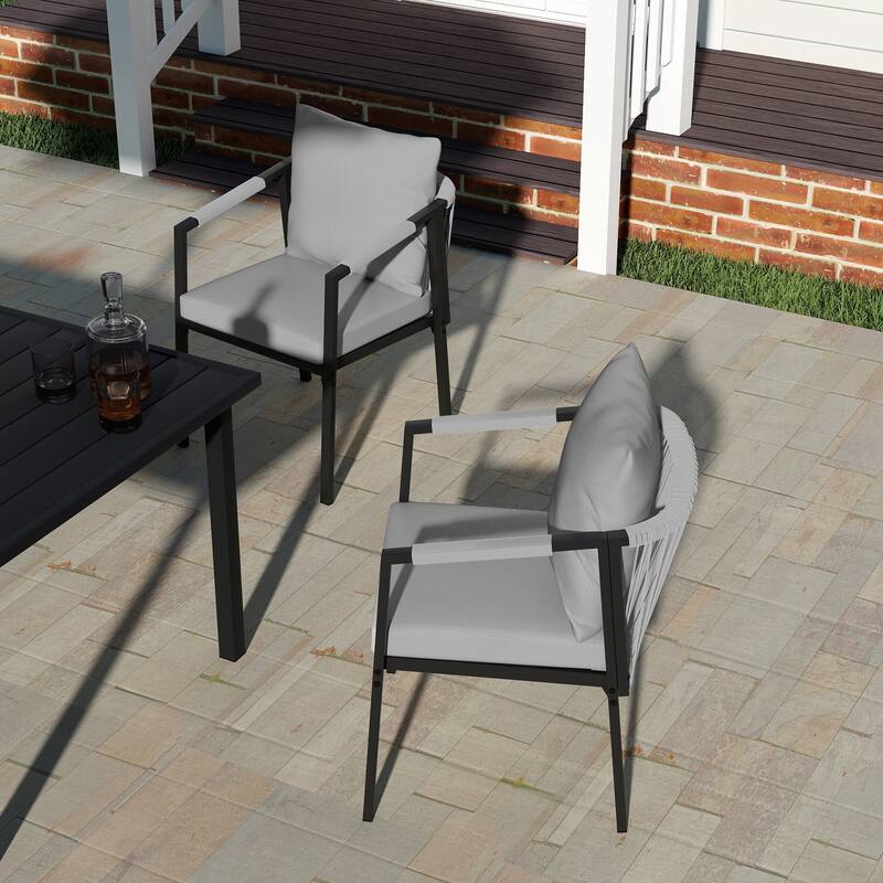 StranGarde 2-Piece Hand-woven Rope Patio Dining Chairs with Gray Cushions