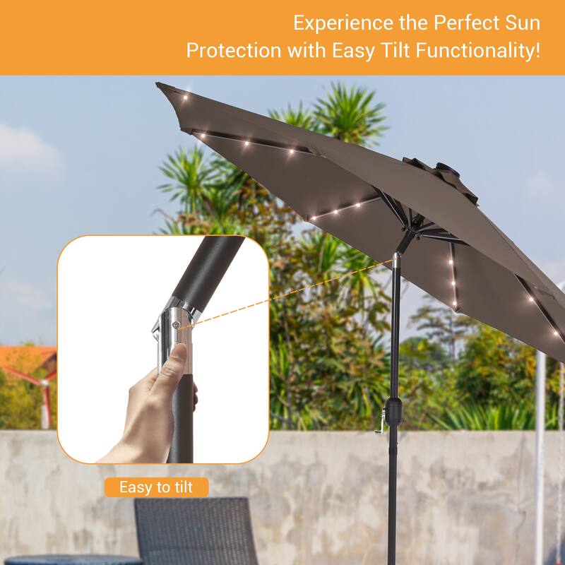 LIVOOSUN 9Ft Solar-powered Large Round Outdoor Patio Market Umbrella with Crank