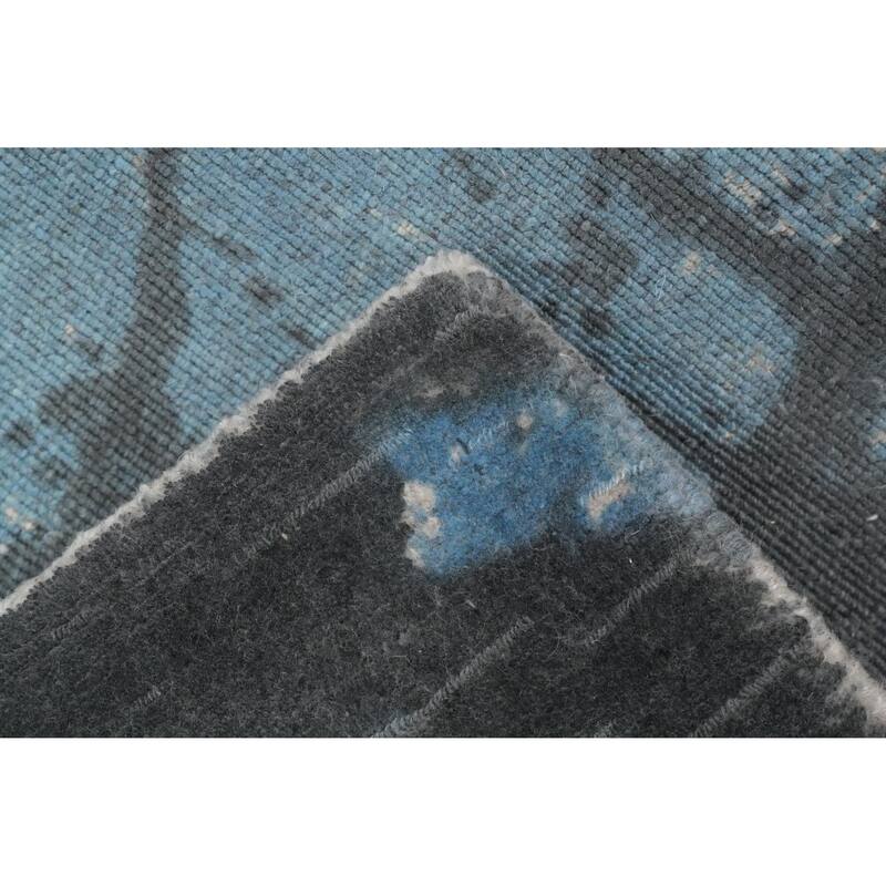 Hand Knotted Oriental Viscose Silk Carpet Modern Abstract Navy Blue & Blues Abstract Runner Rug - 4' 7'' X 2' 4''