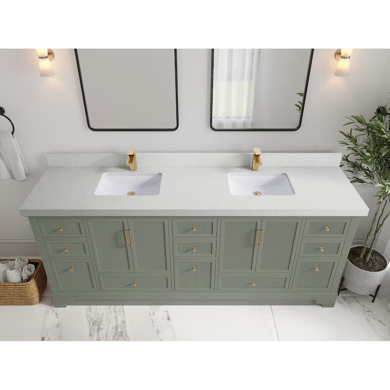 Willow Collections 84 in. W x 22 in. D Alys Double Bowl Sink Bathroom Vanity with Countertop - 2"Carrara Quartz - Evergreen