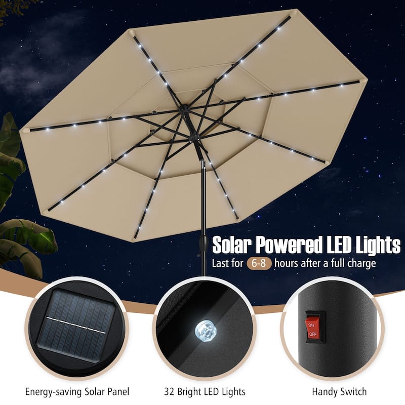 Gymax 10 FT Solar Patio Umbrella w/ 32 LED Lights 3-Tier Vented Top